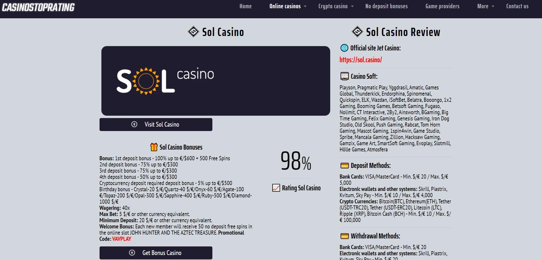 Sol Casino is a modern and popular online casino today