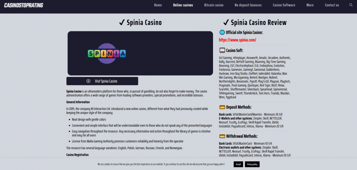 Spinia Casino - review of licensed online casino